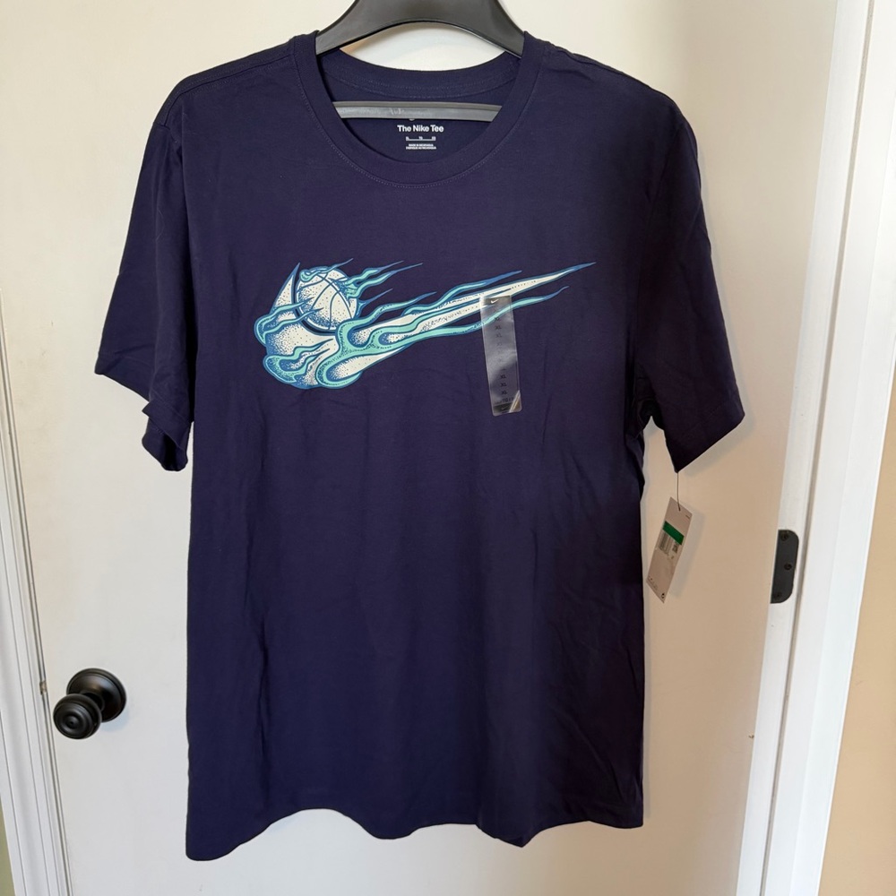 Nike Dark Blue Graphic Tee Flaming Swoosh New With Tags